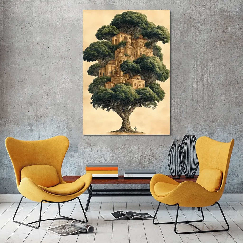 Ancient Tree City Fantasy Illustration Beige – Wall Art