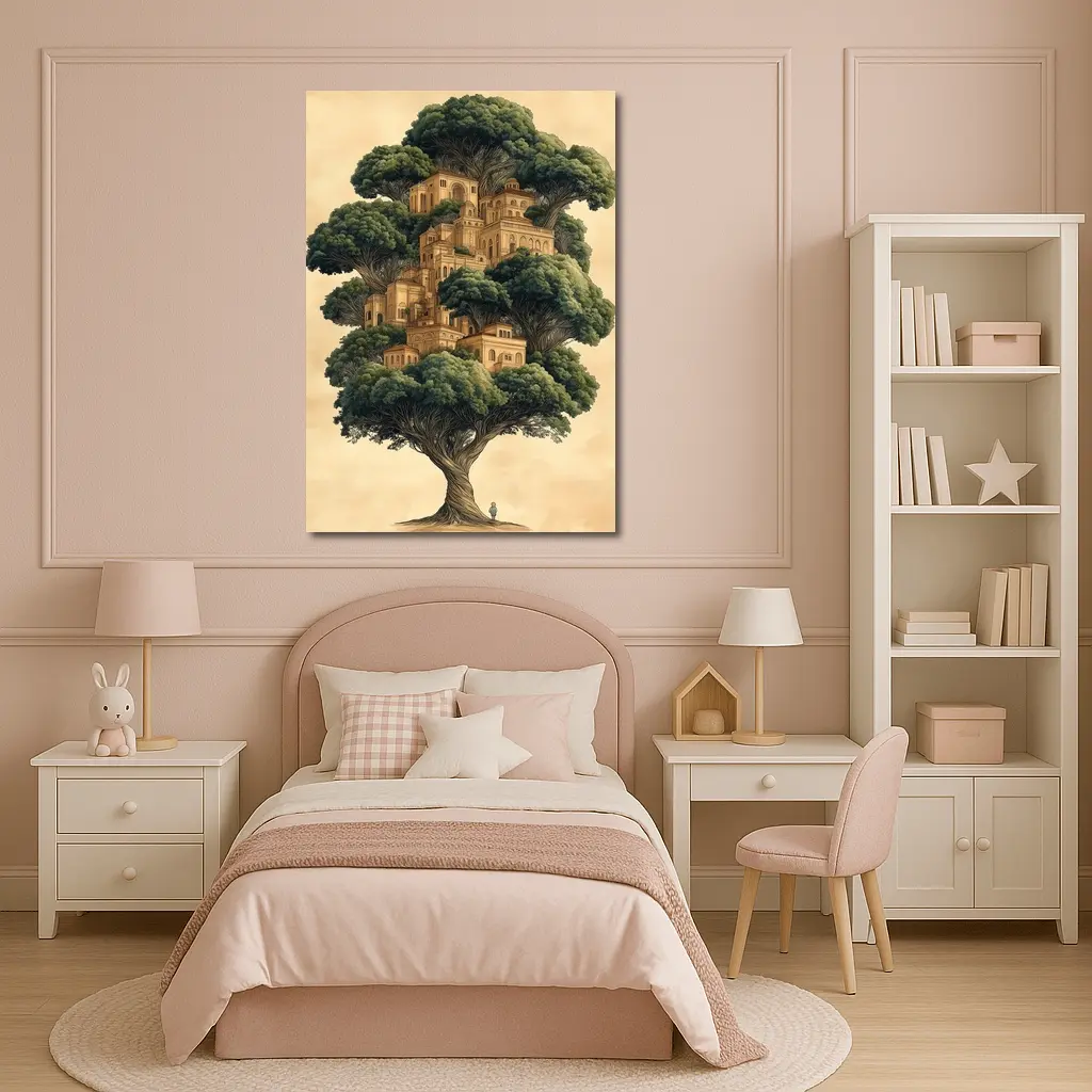 Ancient Tree City Fantasy Illustration Beige – Wall Art