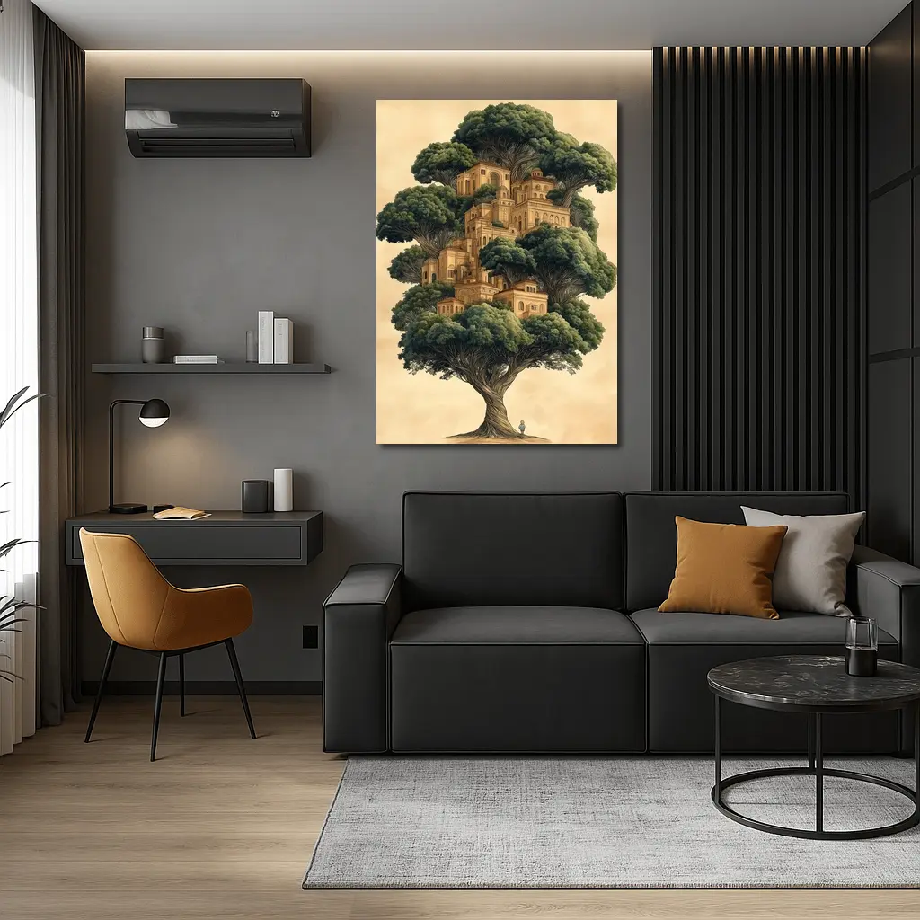 Ancient Tree City Fantasy Illustration Beige – Wall Art