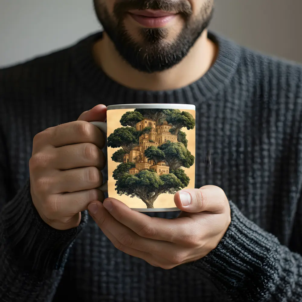 Ancient Tree City Fantasy Illustration Beige – Mugs