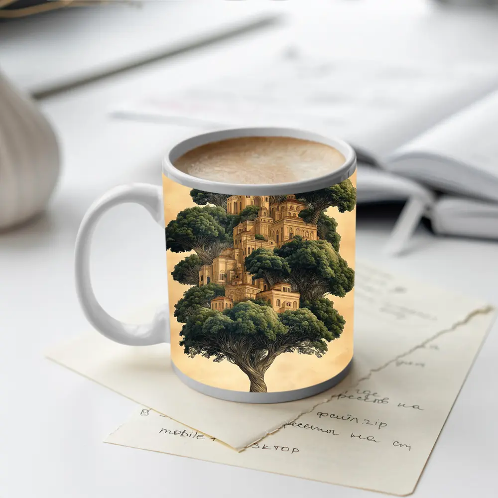 Ancient Tree City Fantasy Illustration Beige – Mugs