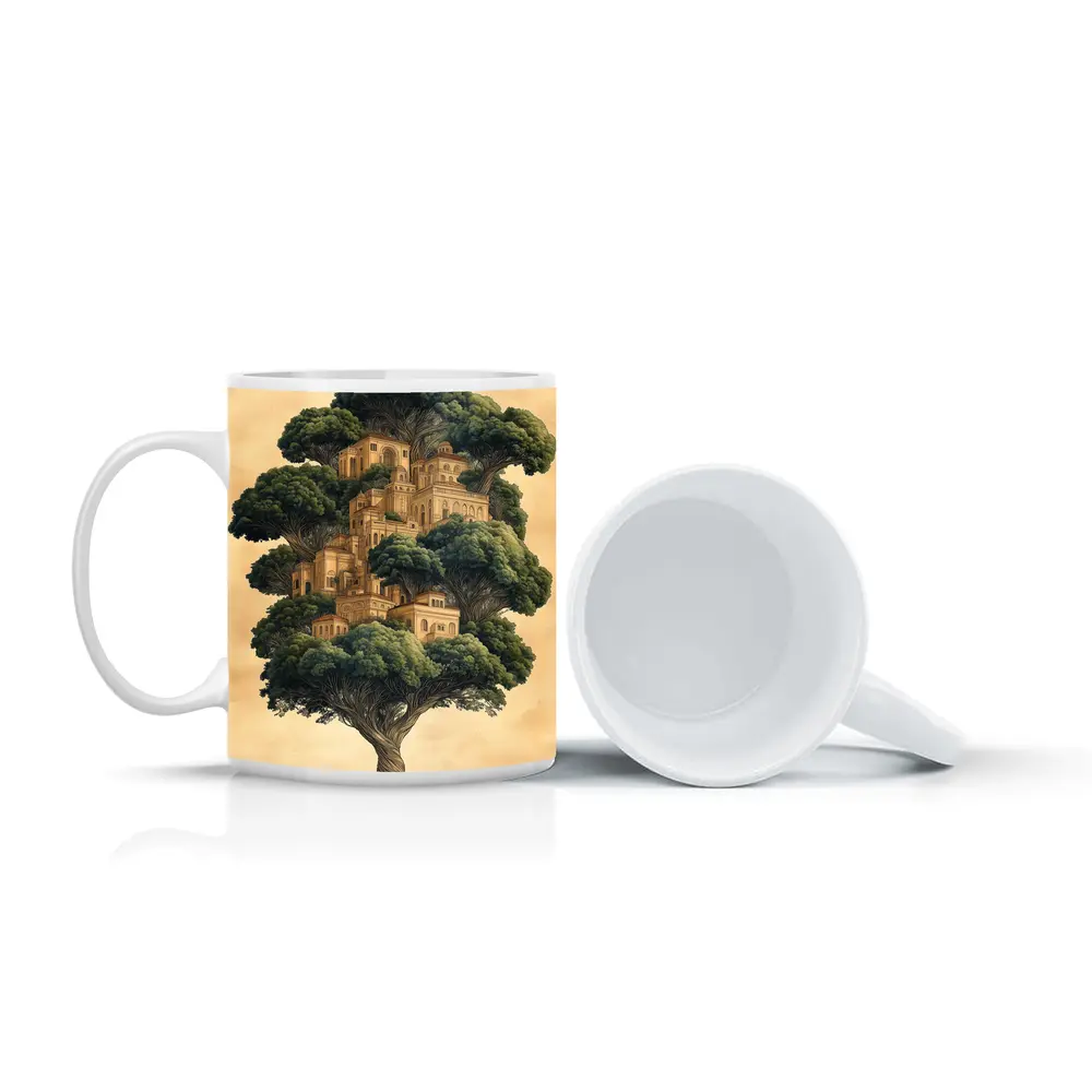 Ancient Tree City Fantasy Illustration Beige – Mugs