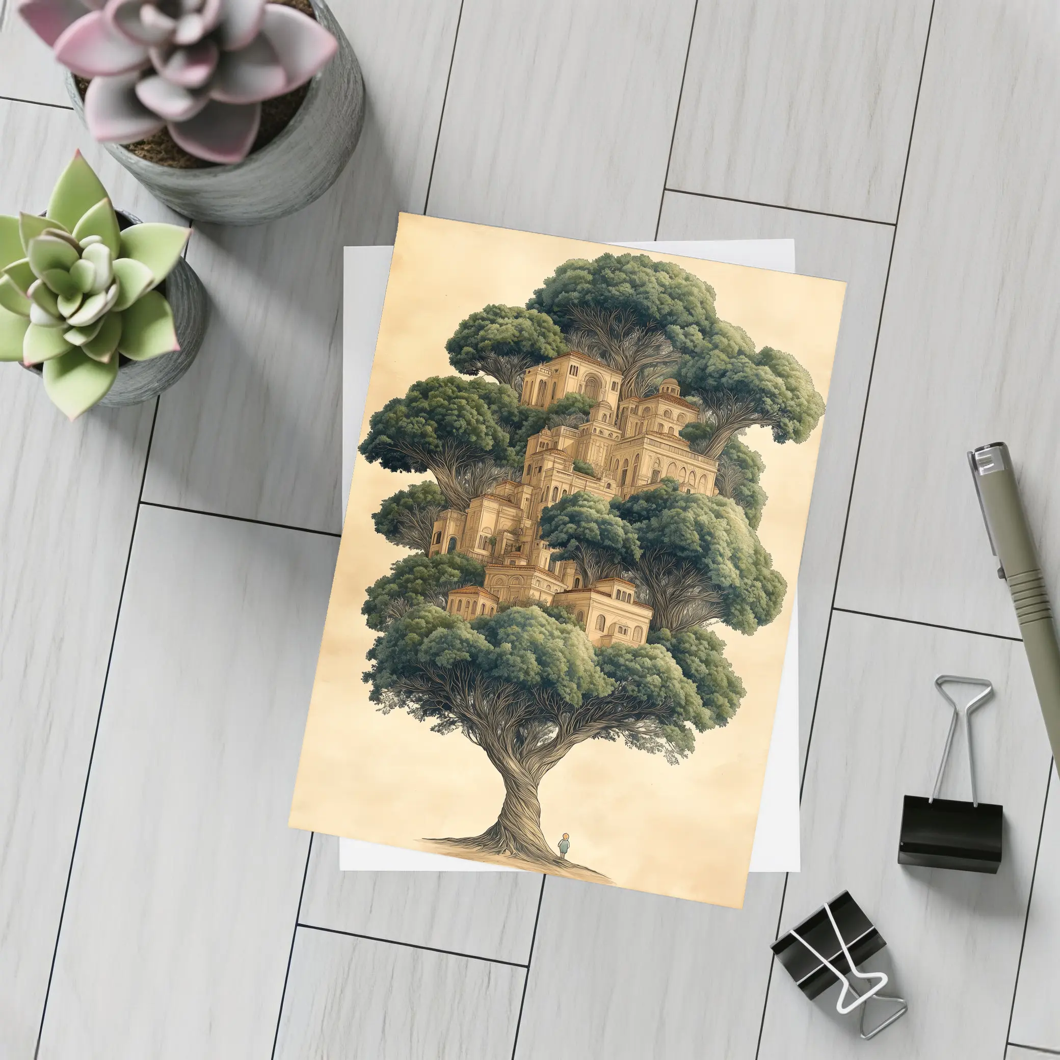 Ancient Tree City Fantasy Illustration Beige – Postcards