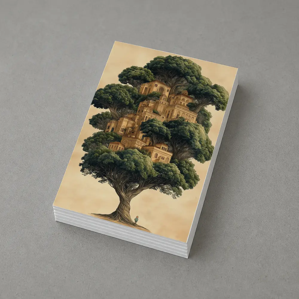 Ancient Tree City Fantasy Illustration Beige – Postcards