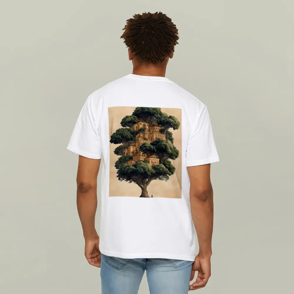 Ancient Tree City Fantasy Illustration Beige – T-Shirts