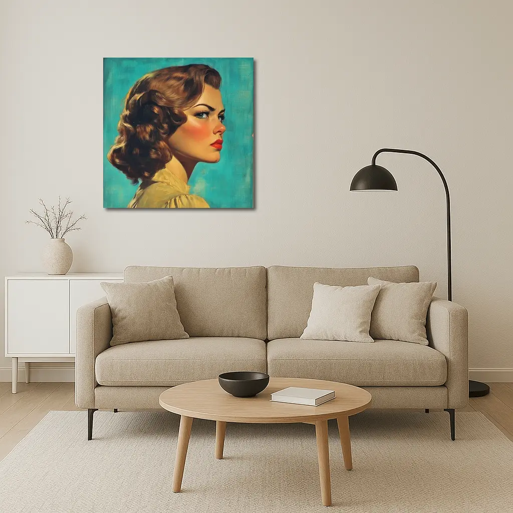 Retro Pin Up Woman Teal Background Portrait – Wall Art