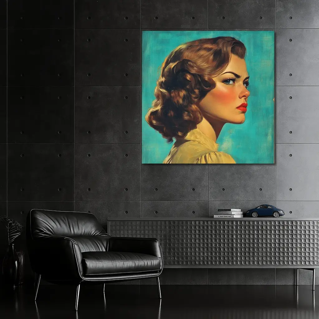 Retro Pin Up Woman Teal Background Portrait – Wall Art