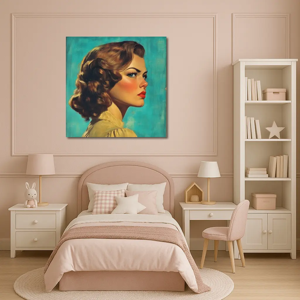 Retro Pin Up Woman Teal Background Portrait – Wall Art