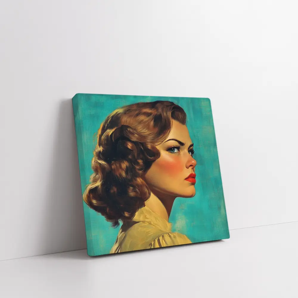 Retro Pin Up Woman Teal Background Portrait – Wall Art