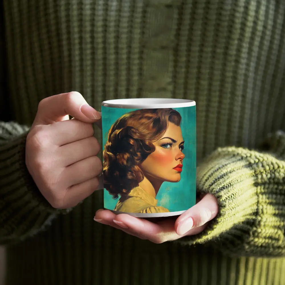 Retro Pin Up Woman Teal Background Portrait – Mugs