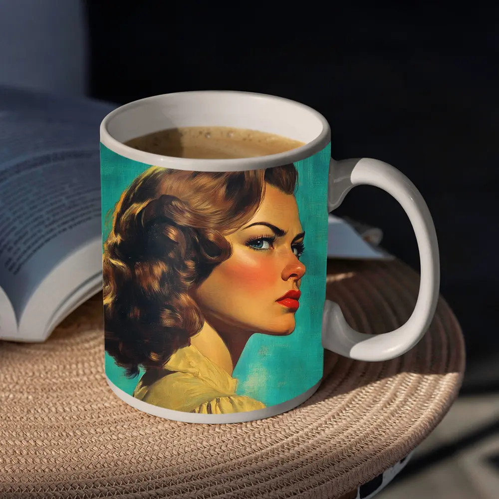 Retro Pin Up Woman Teal Background Portrait – Mugs