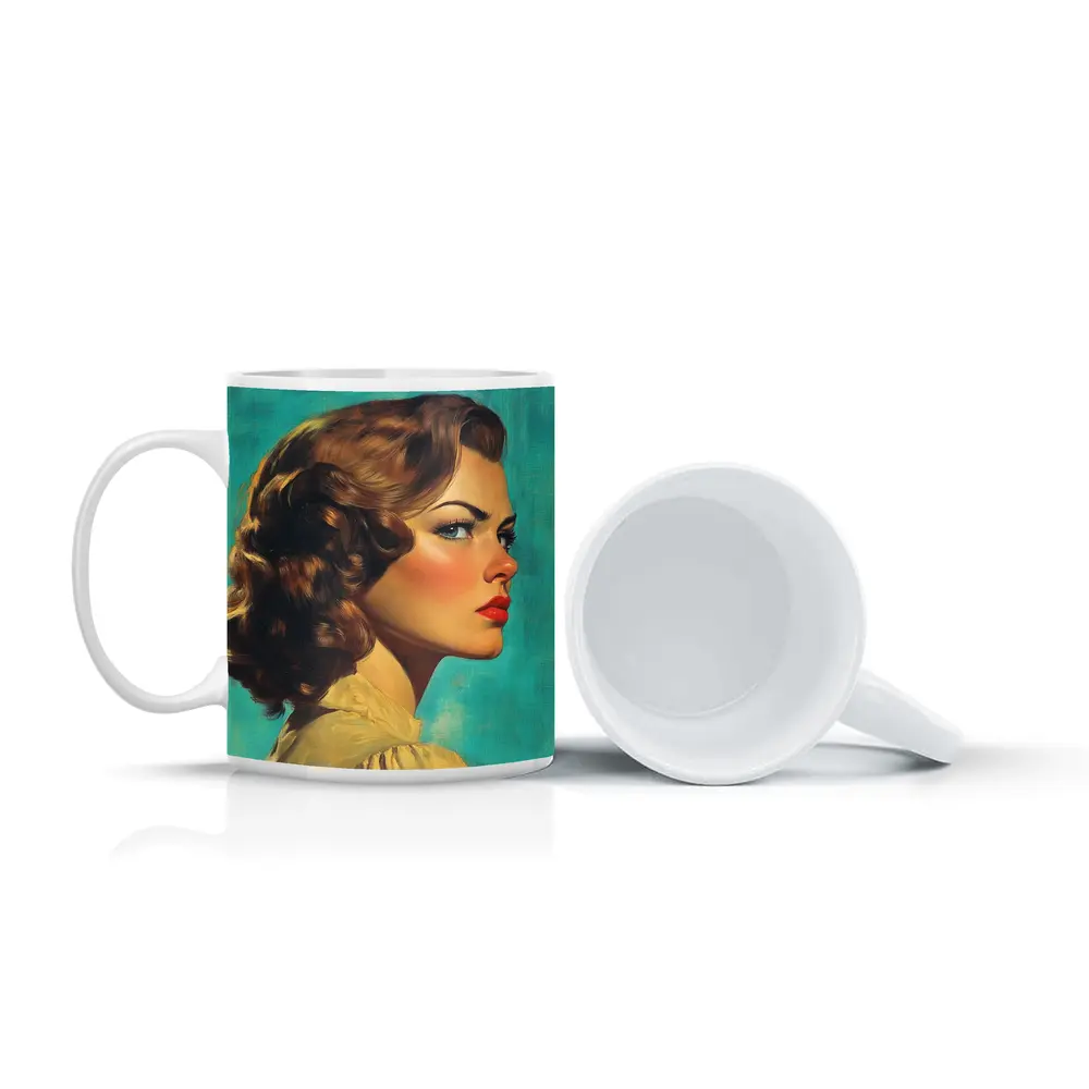 Retro Pin Up Woman Teal Background Portrait – Mugs