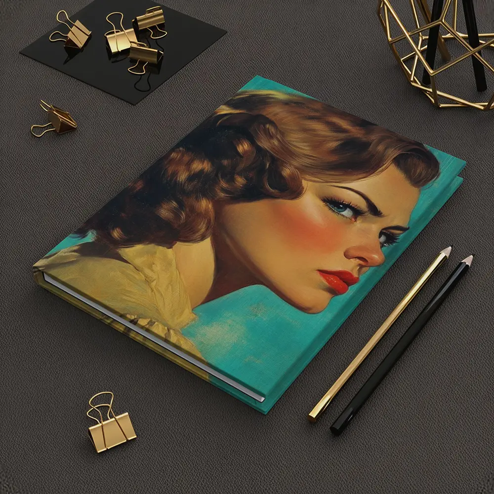 Retro Pin Up Woman Teal Background Portrait – Notebooks