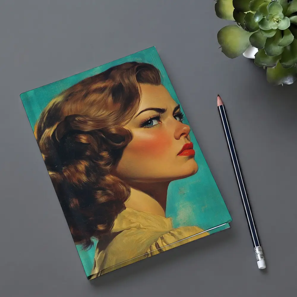 Retro Pin Up Woman Teal Background Portrait – Notebooks