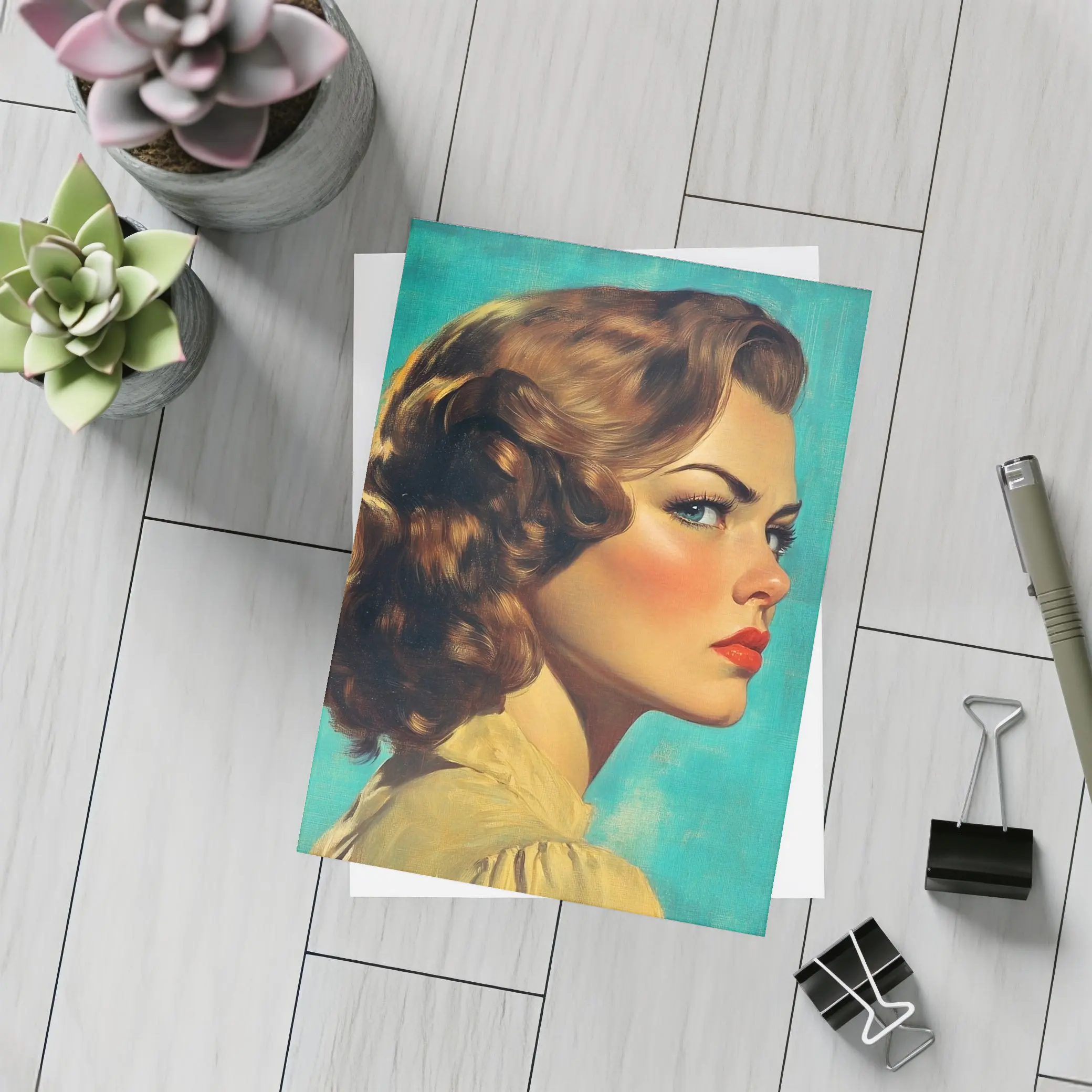 Retro Pin Up Woman Teal Background Portrait – Postcards