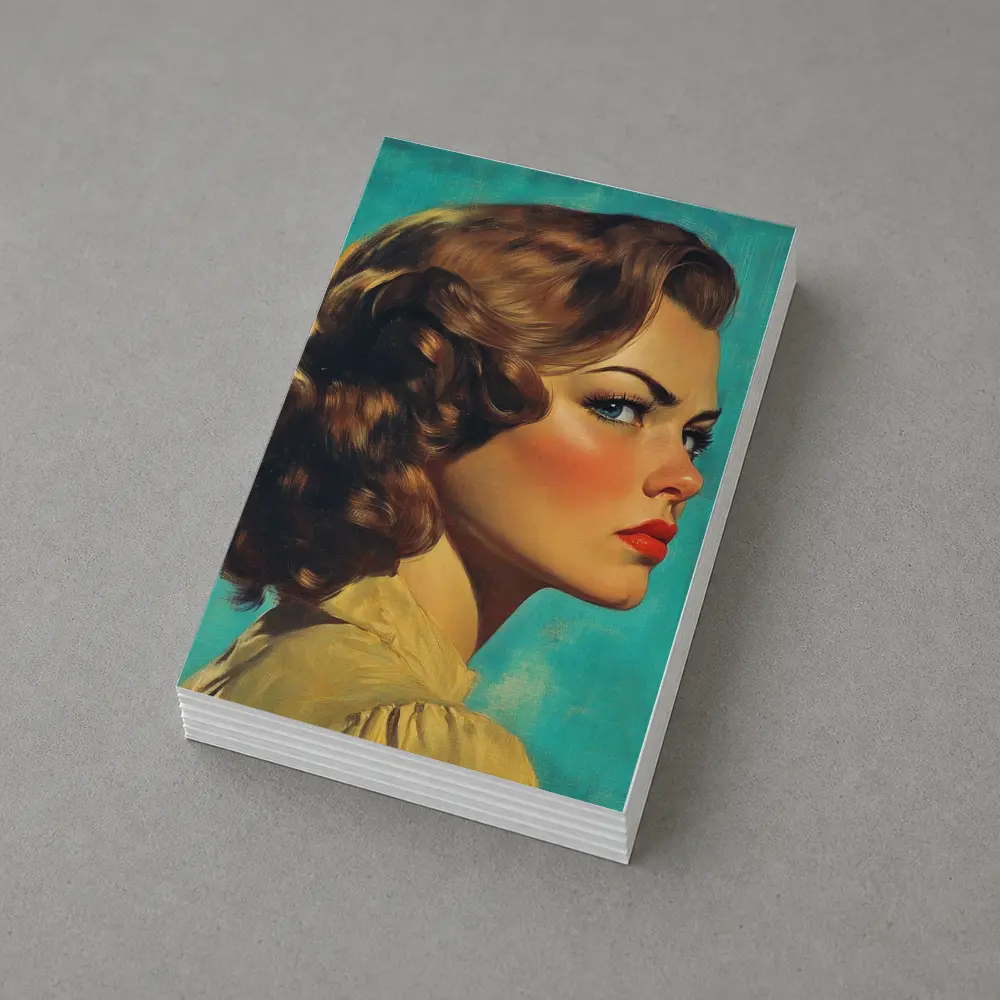 Retro Pin Up Woman Teal Background Portrait – Postcards