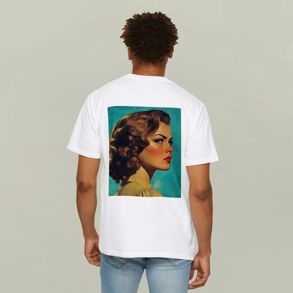 Retro Pin Up Woman Teal Background Portrait – T-Shirts