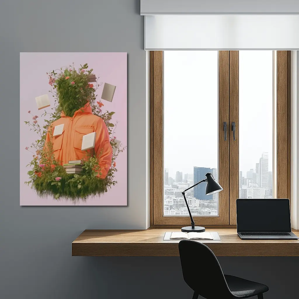 Orange Jacket Figure Surrounded By Blooming Flowers – Wall Art