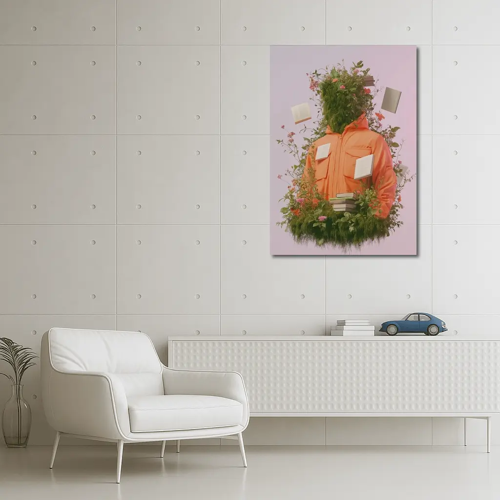 Orange Jacket Figure Surrounded By Blooming Flowers – Wall Art