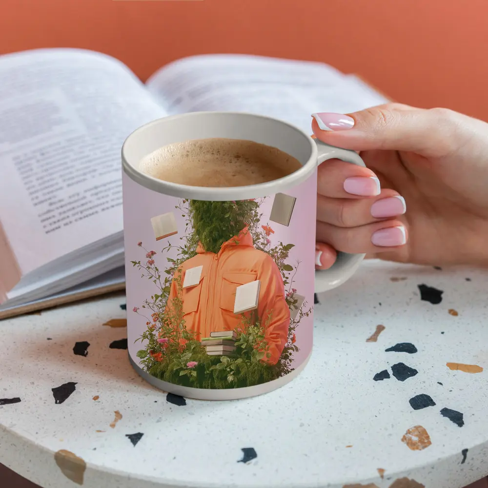 Orange Jacket Figure Surrounded By Blooming Flowers – Mugs