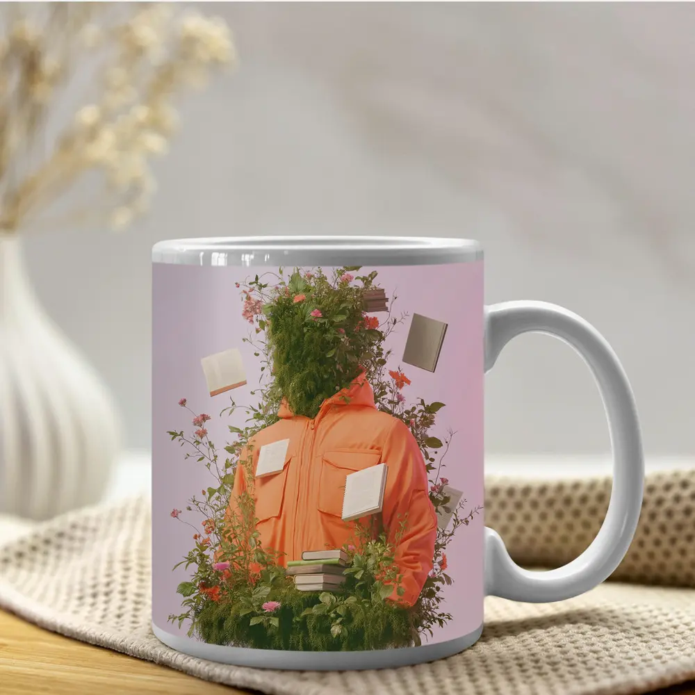 Orange Jacket Figure Surrounded By Blooming Flowers – Mugs
