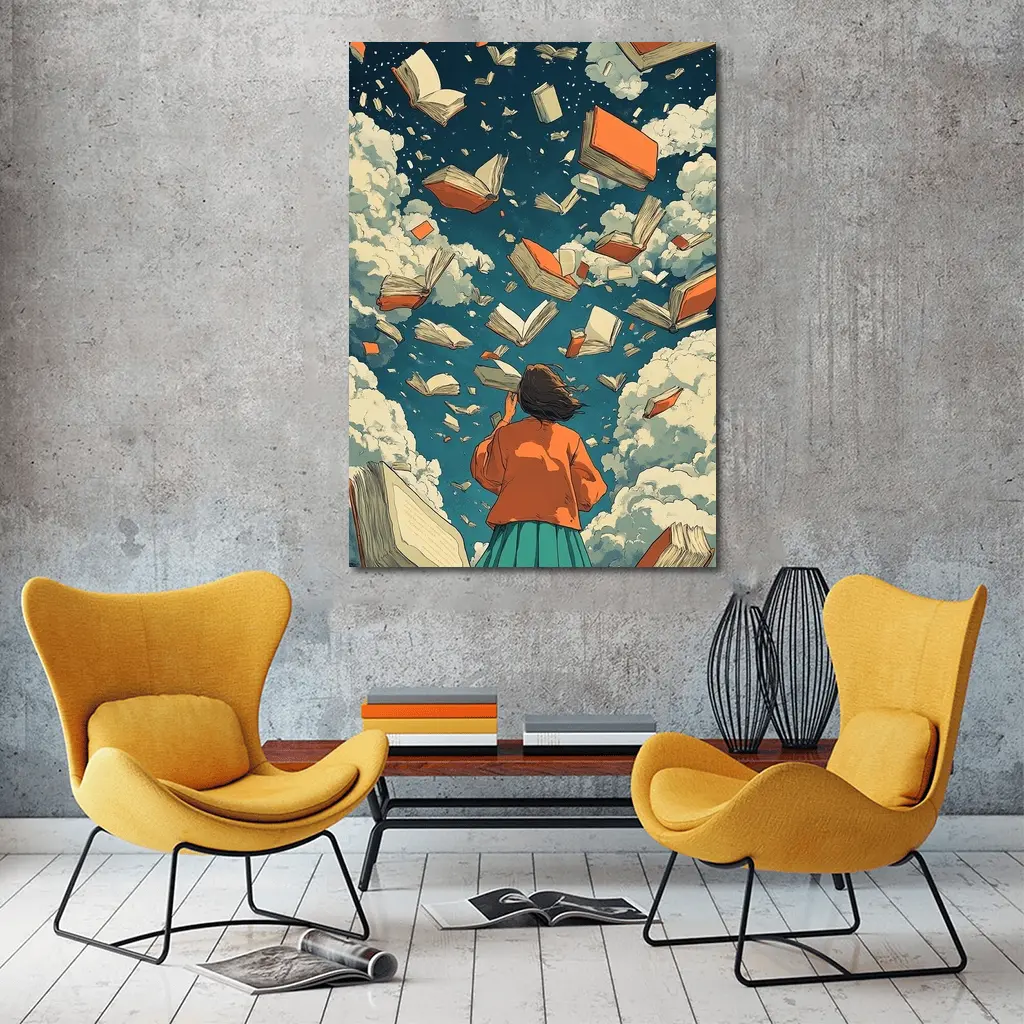 Girl Reading Books Flying Sky Illustration – Wall Art