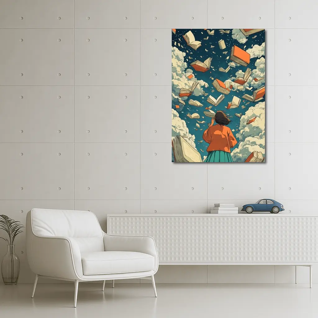 Girl Reading Books Flying Sky Illustration – Wall Art