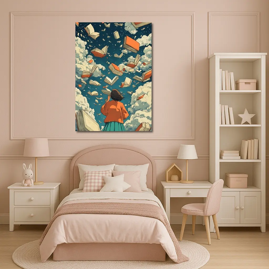 Girl Reading Books Flying Sky Illustration – Wall Art