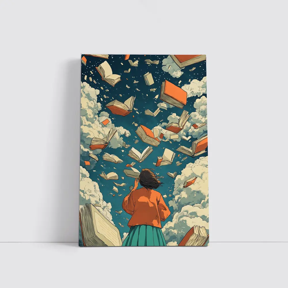 Girl Reading Books Flying Sky Illustration – Wall Art