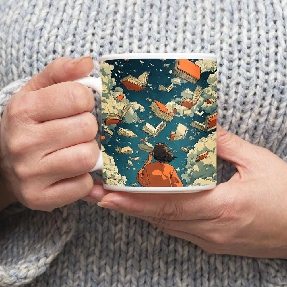 Girl Reading Books Flying Sky Illustration – Mugs