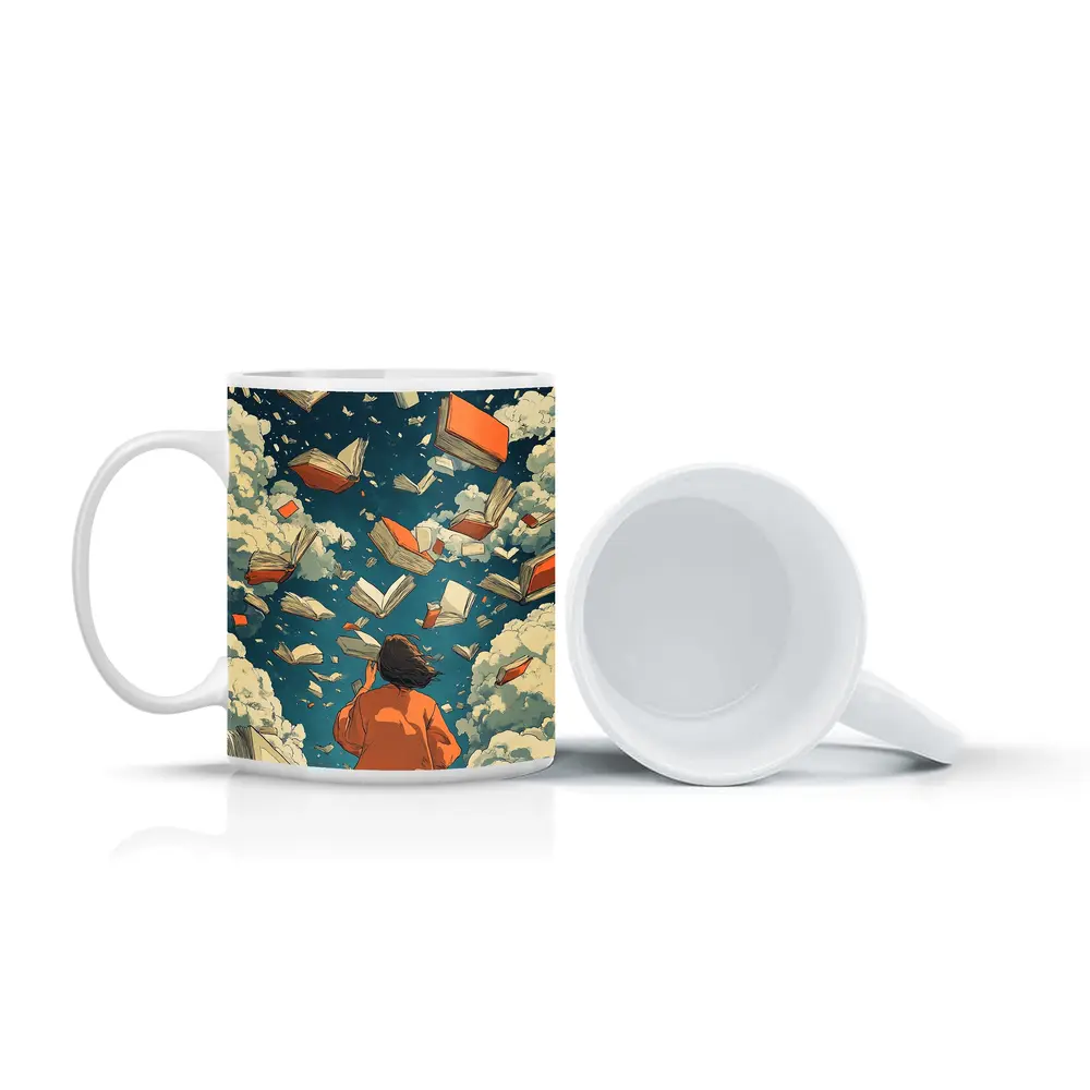 Girl Reading Books Flying Sky Illustration – Mugs