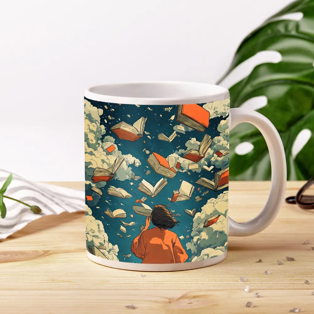 Girl Reading Books Flying Sky Illustration – Mugs