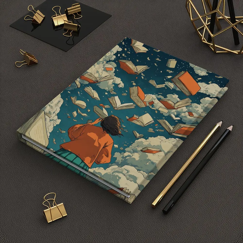 Girl Reading Books Flying Sky Illustration – Notebooks