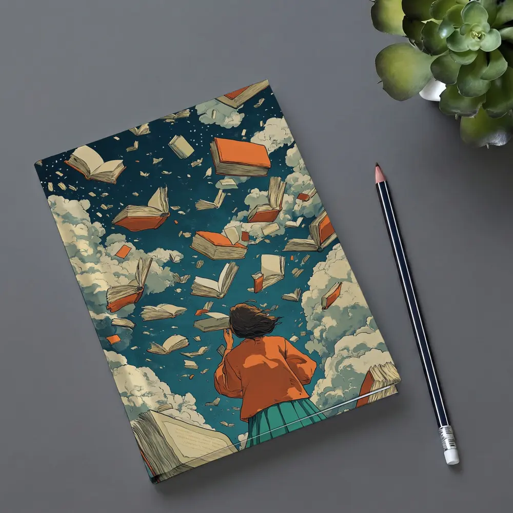 Girl Reading Books Flying Sky Illustration – Notebooks