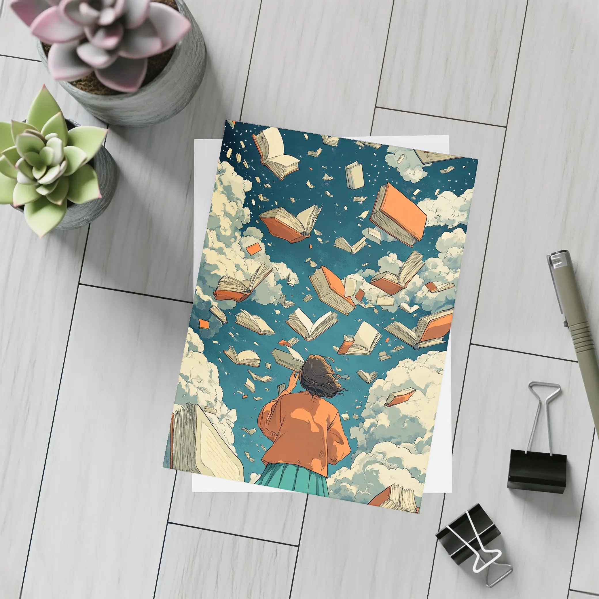Girl Reading Books Flying Sky Illustration – Postcards