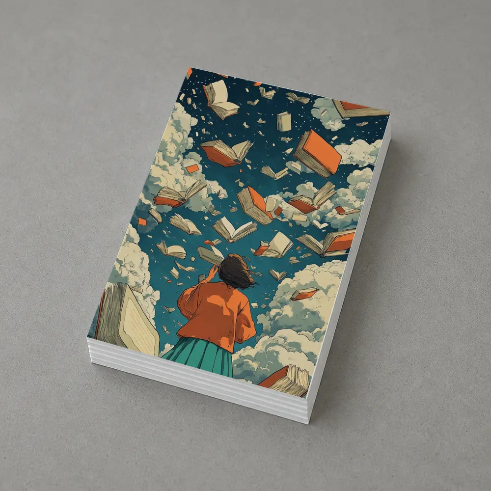 Girl Reading Books Flying Sky Illustration – Postcards