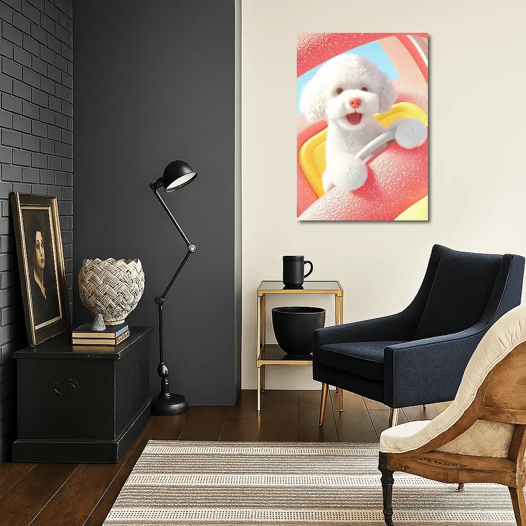Happy White Poodle Riding Pink Toy Car – Wall Art
