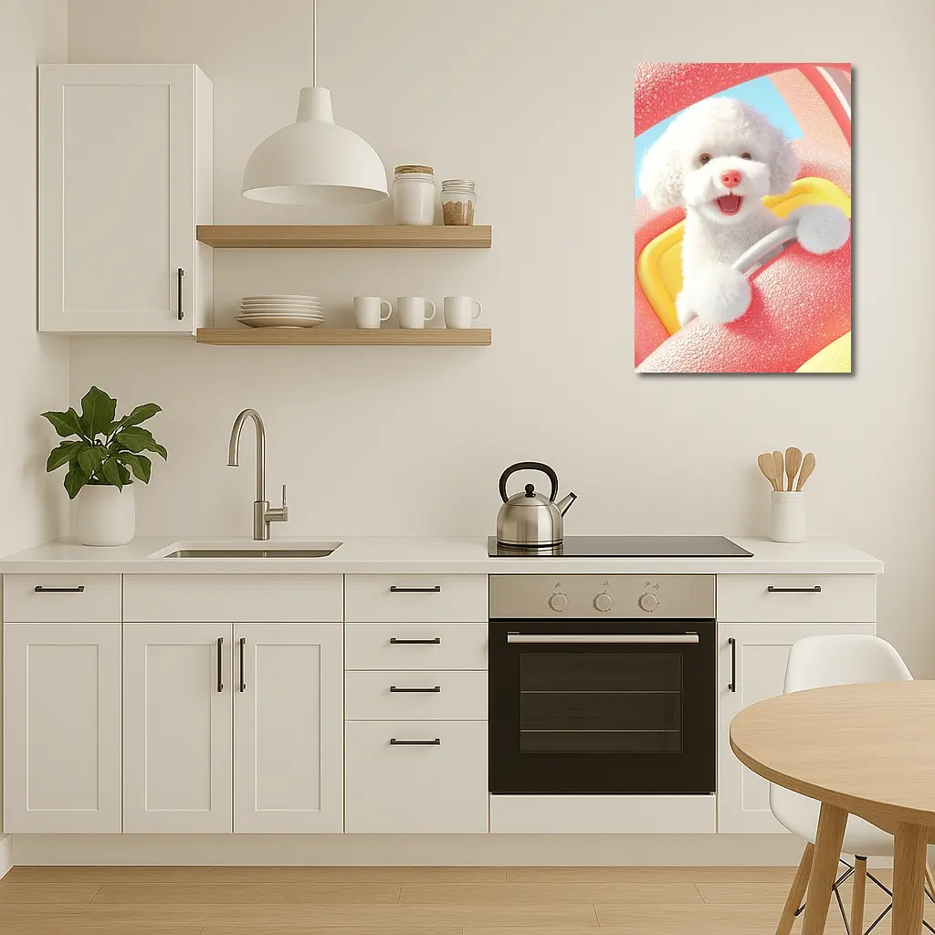 Happy White Poodle Riding Pink Toy Car – Wall Art