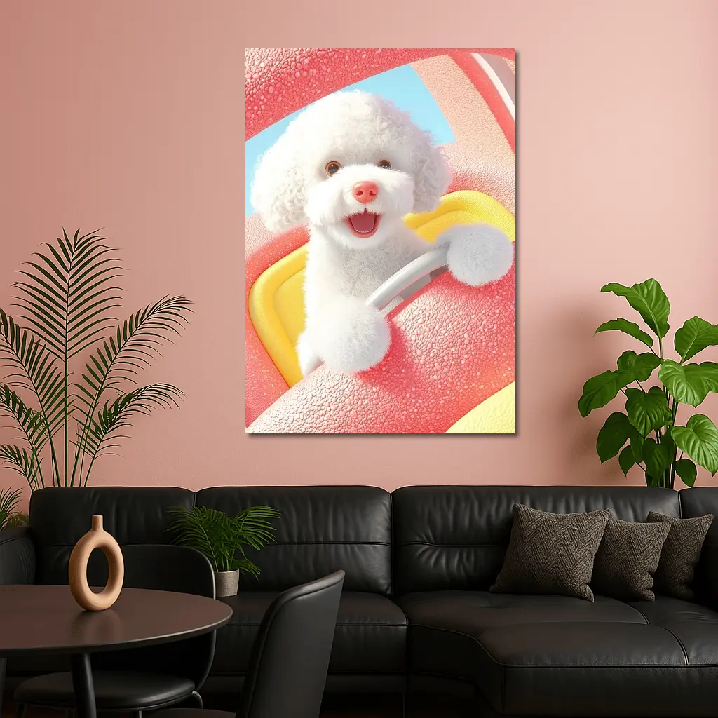 Happy White Poodle Riding Pink Toy Car – Wall Art