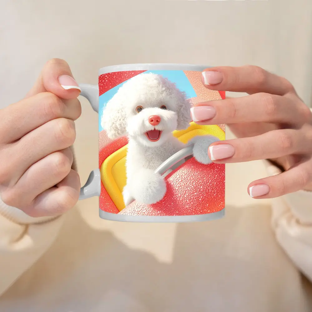 Happy White Poodle Riding Pink Toy Car – Mugs