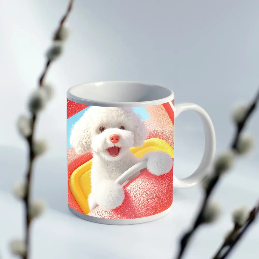 Happy White Poodle Riding Pink Toy Car – Mugs
