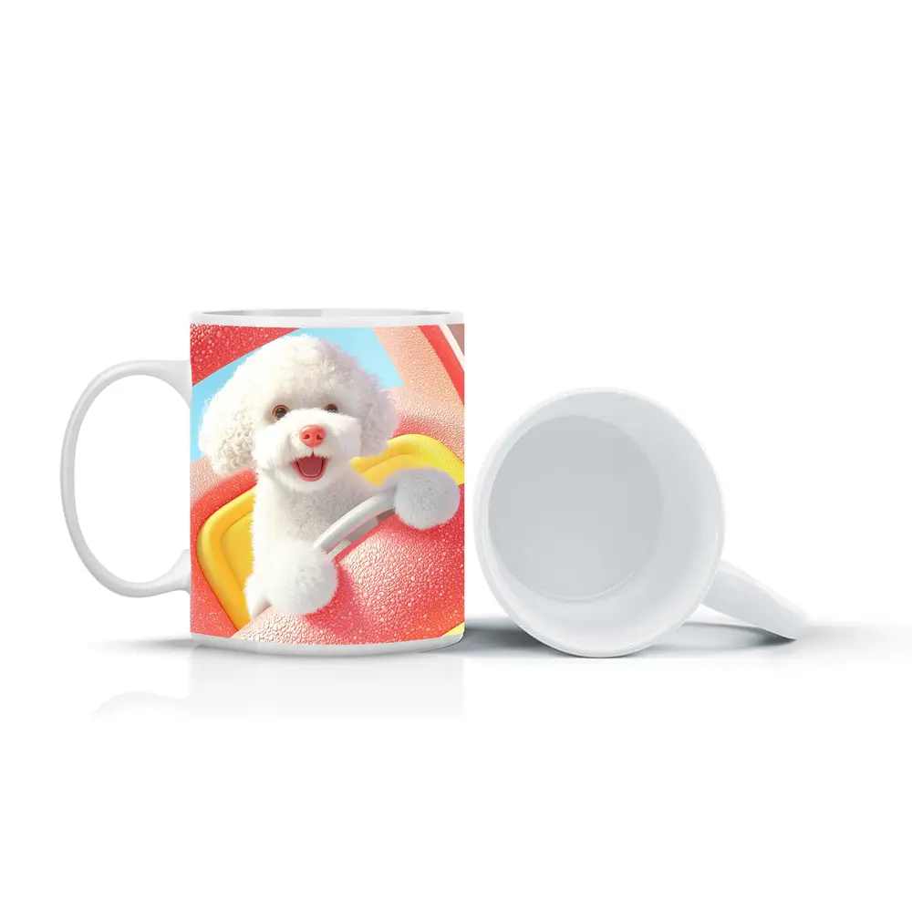 Happy White Poodle Riding Pink Toy Car – Mugs