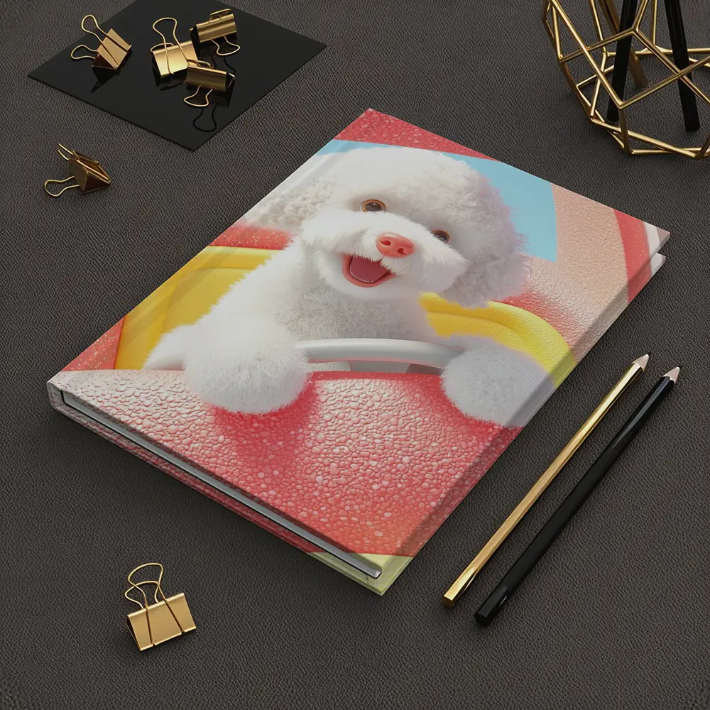 Happy White Poodle Riding Pink Toy Car – Notebooks