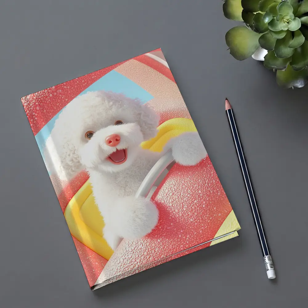 Happy White Poodle Riding Pink Toy Car – Notebooks