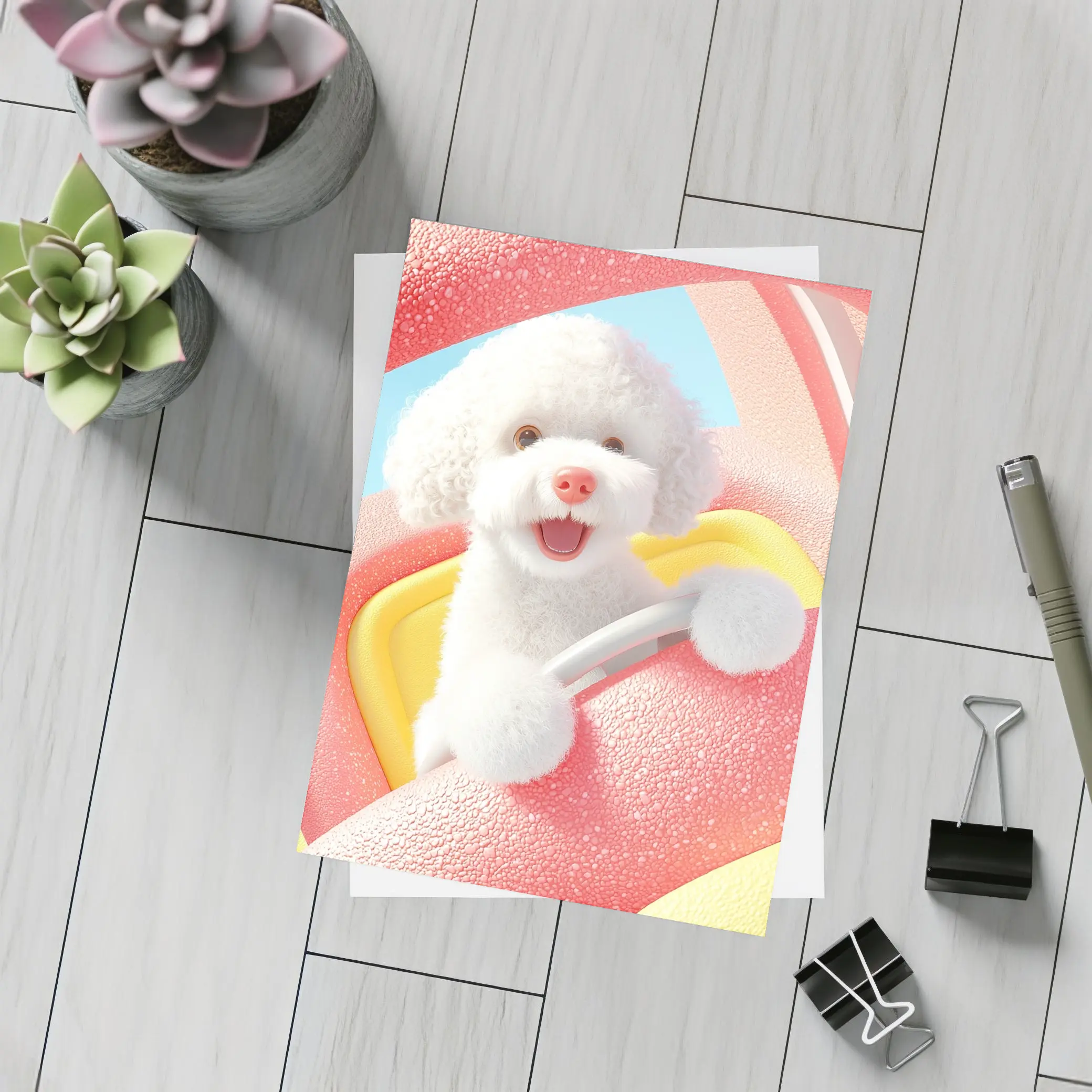 Happy White Poodle Riding Pink Toy Car – Postcards