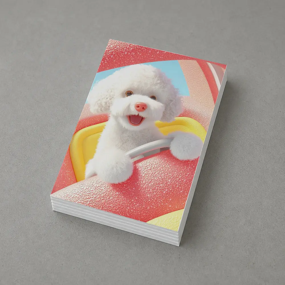 Happy White Poodle Riding Pink Toy Car – Postcards
