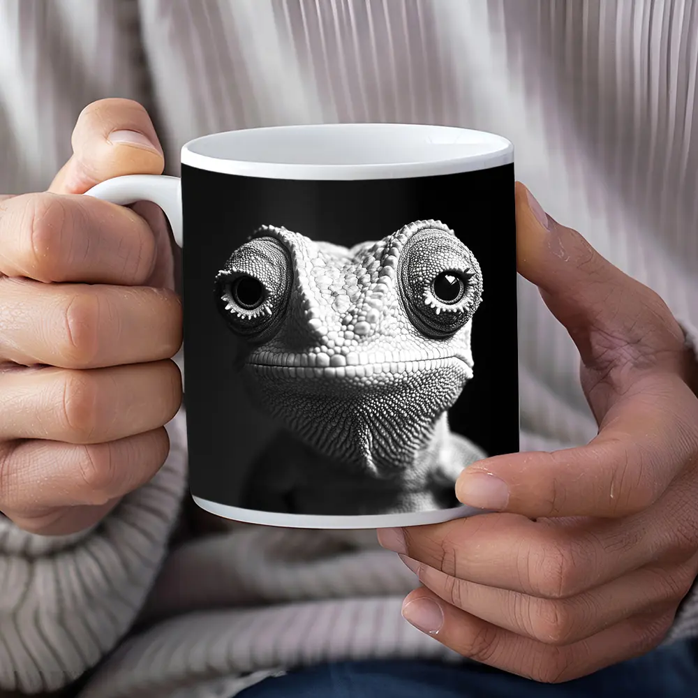 Chameleon Close Up Black White Portrait – Mugs
