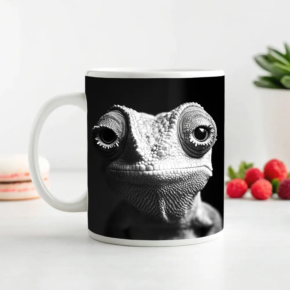 Chameleon Close Up Black White Portrait – Mugs