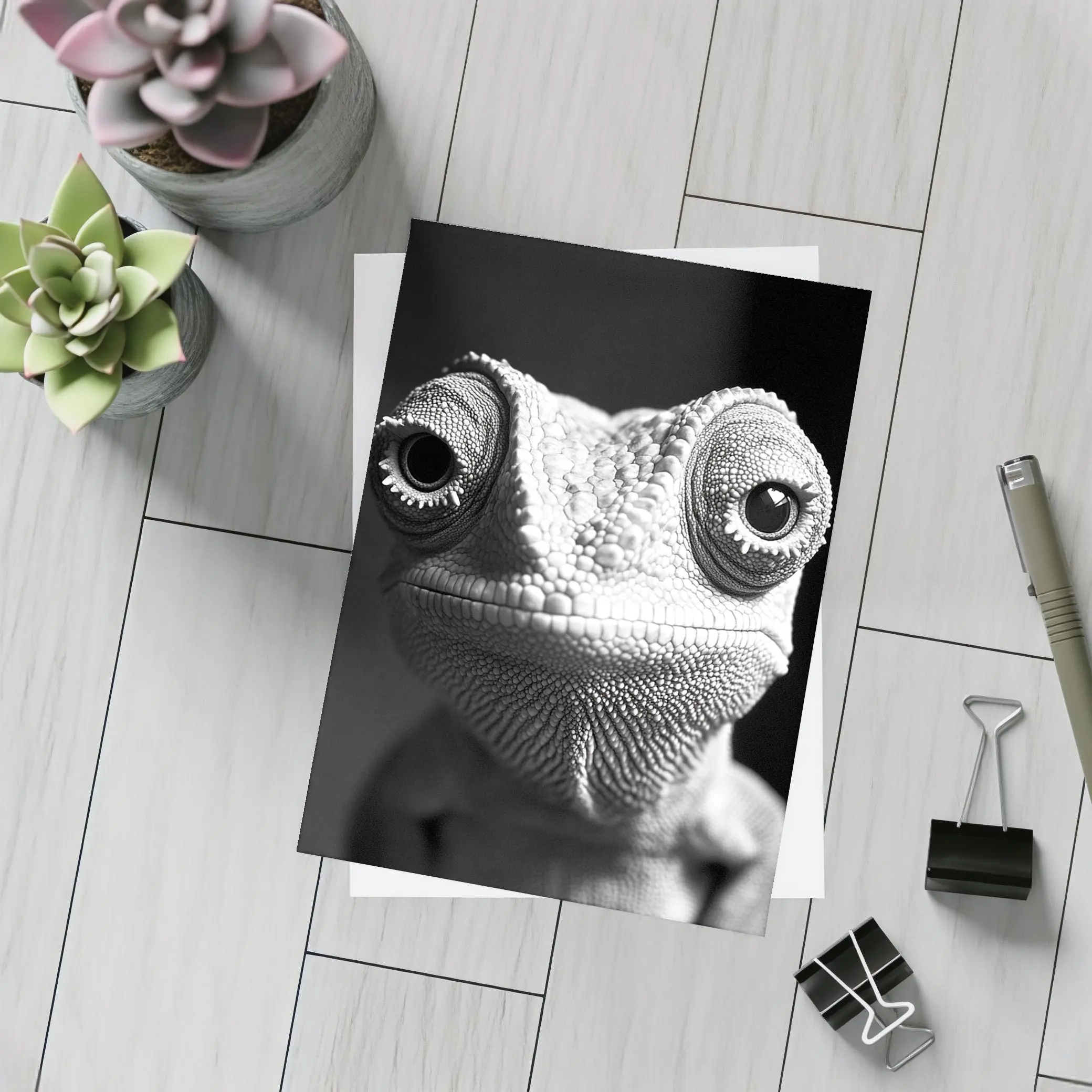 Chameleon Close Up Black White Portrait – Postcards