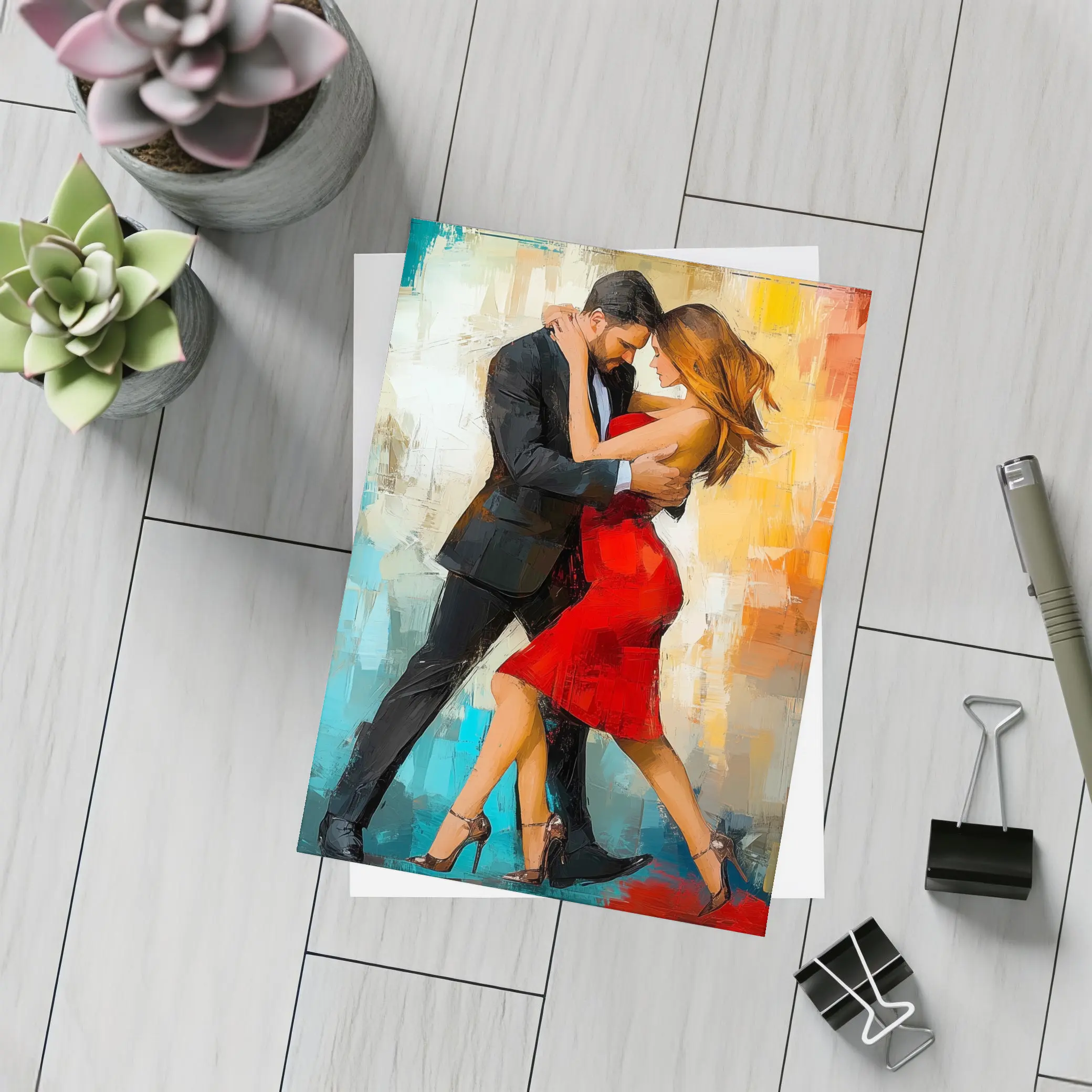 Tango Couple Dancing Abstract Colorful Background – Postcards